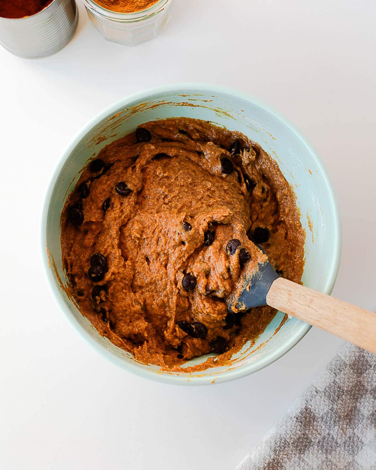 Thick pumpkin chocolate chip batter with chocolate chips folded in