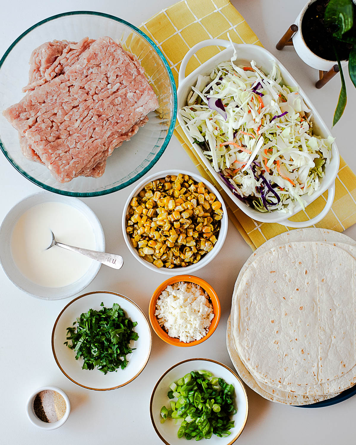 Ingredients for street corn chicken smash tacos including ground chicken, corn tortillas, coleslaw mix, toasted corn, cilantro, green onions, queso fresco, kefir, and seasonings.